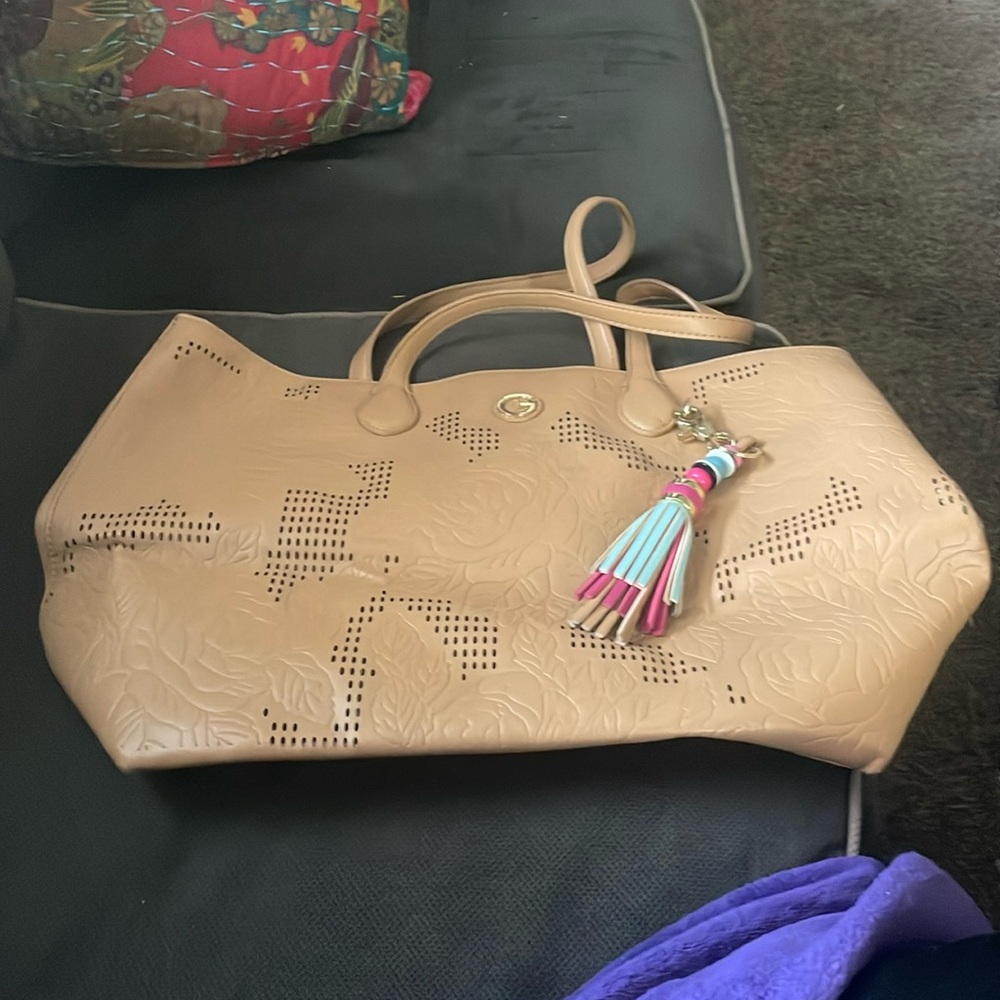 Gianni Bini Tan Rose Tote with Tassel